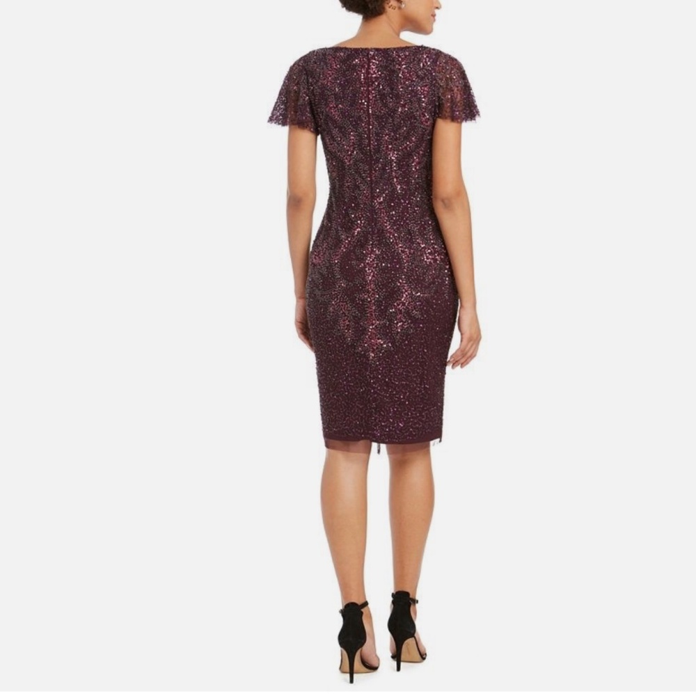 Adrianna Papell Plum Purple Beaded Sequin Flutter Sleeve Cocktail Dress - Picture 3 of 9